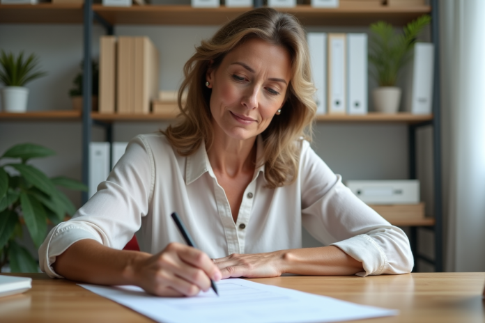 Femme d'âge moyen remplissant un formulaire de douane dans un bureau moderne