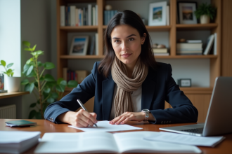 Femme remplissant formulaire de passeport dans un bureau moderne