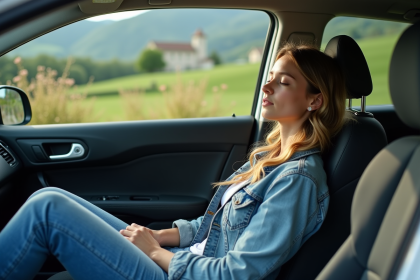 Jeune femme détendue dans une voiture en campagne italienne