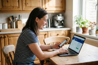 Jeune femme réservant un vol sur son ordinateur portable