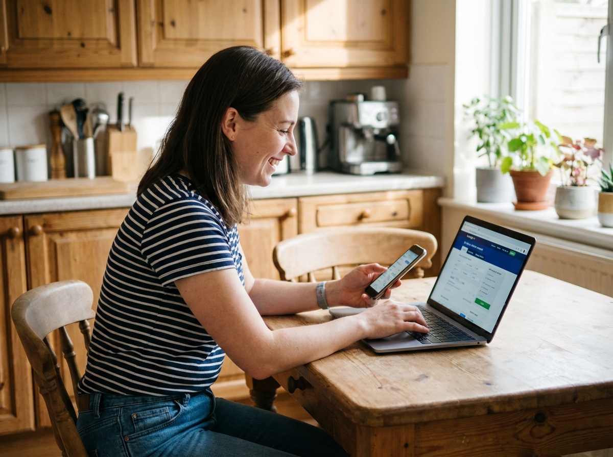 Jeune femme réservant un vol sur son ordinateur portable