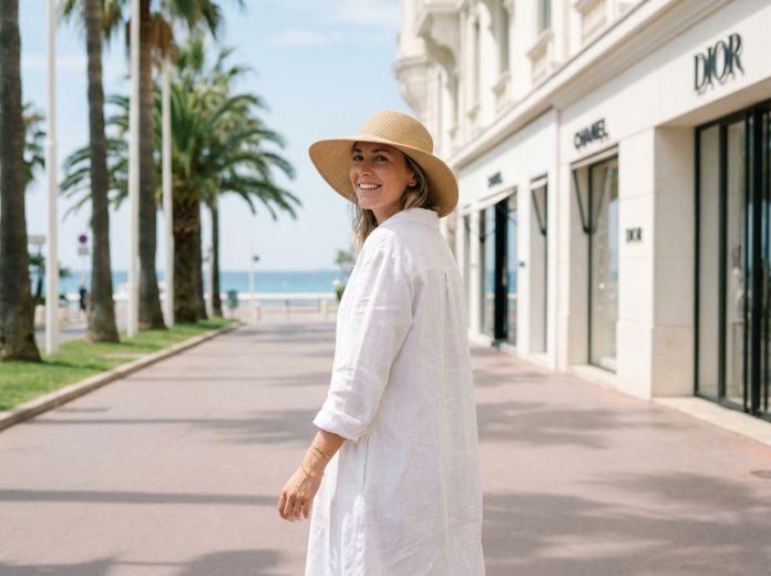 Femme souriante en robe blanche sur la Croisette