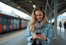 Train à 1 € : astuces pour le trouver facilement en France Jeune femme souriante avec smartphone à la gare en France