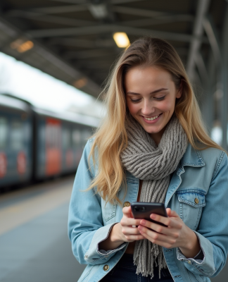 Jeune femme souriante avec smartphone à la gare en France