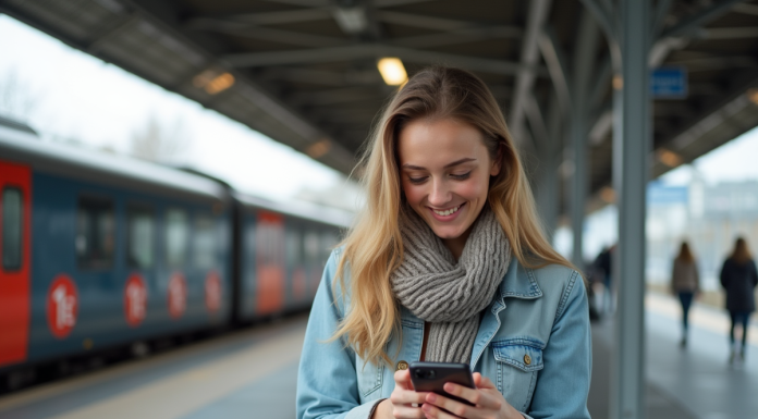 Jeune femme souriante avec smartphone à la gare en France