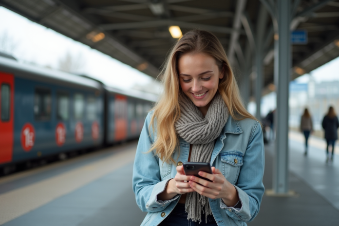femme-souriante-train-france Jeune femme souriante avec smartphone à la gare en France
