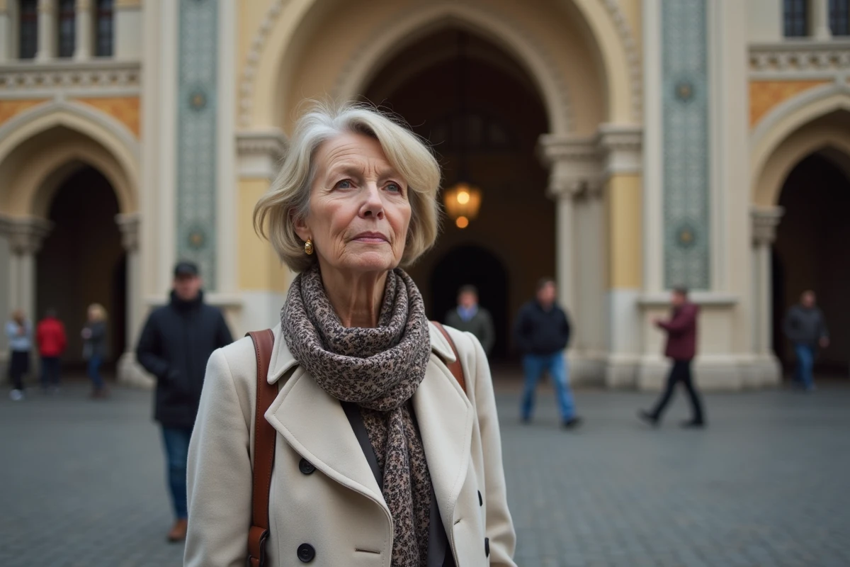 Femme contemplant l'entrée de la synagogue de Prague