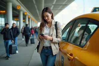Femme en veste légère près d'un taxi à l'aéroport