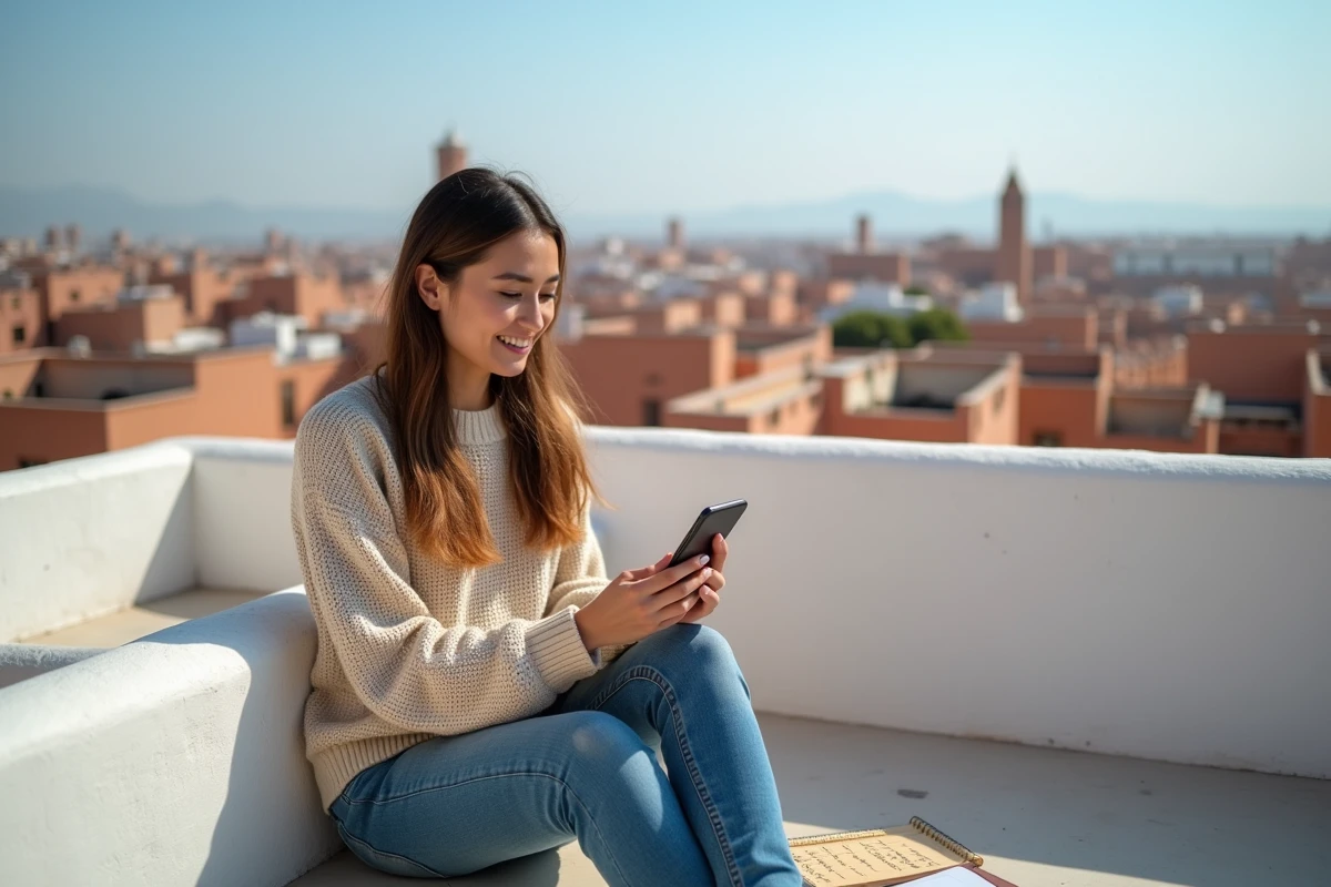 Jeune femme consultant son forfait data sur un smartphone depuis une terrasse avec vue sur les toits d'une ville marocaine
