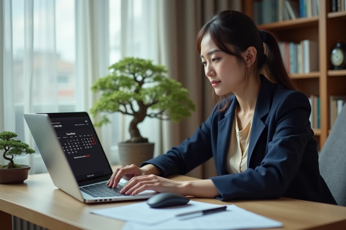 Femme trader planifiant ses ordres selon les horaires d'ouverture de la bourse de Tokyo depuis son bureau à domicile