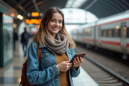 Jeune femme souriante avec billet train à Lyon PartDieu