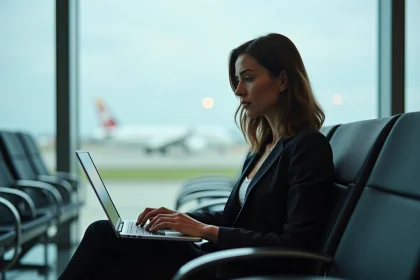Femme assise à l'aéroport en travaillant sur son ordinateur