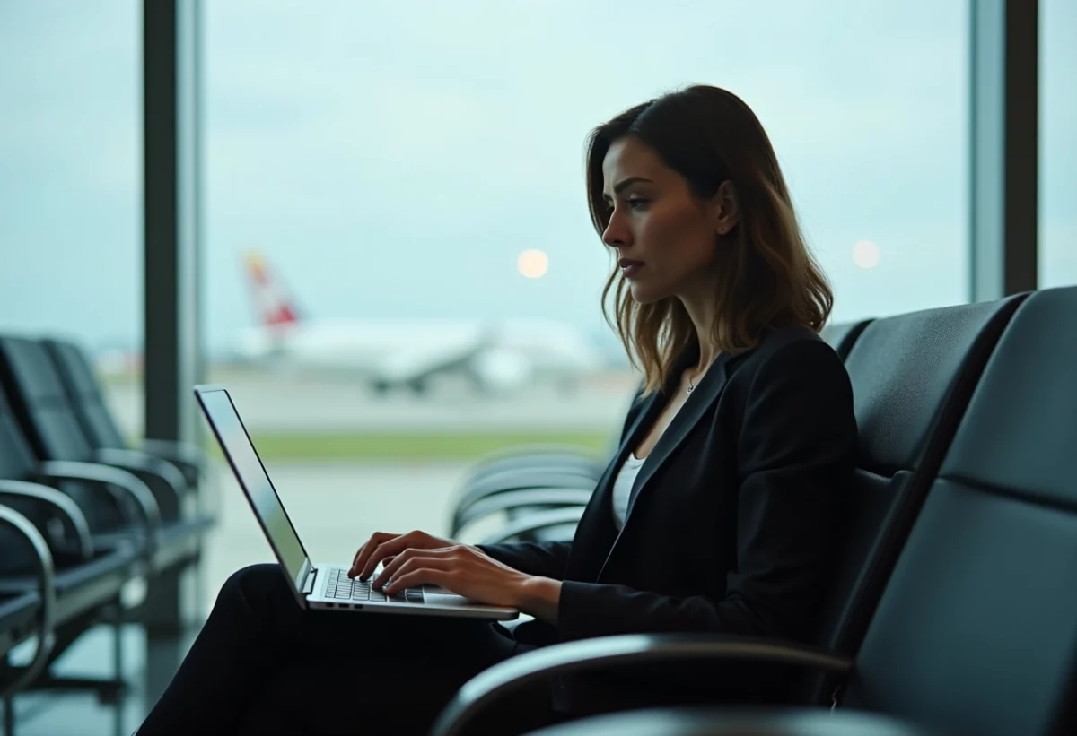 Femme assise à l'aéroport en travaillant sur son ordinateur