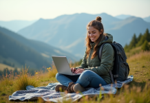 Jeune femme en plein air travaillant à distance sur une colline