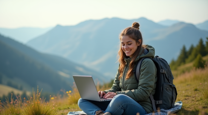 Jeune femme en plein air travaillant à distance sur une colline