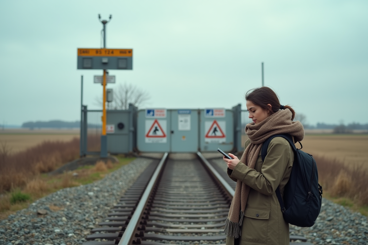 Jeune femme vérifiant son téléphone près d une frontière fermée