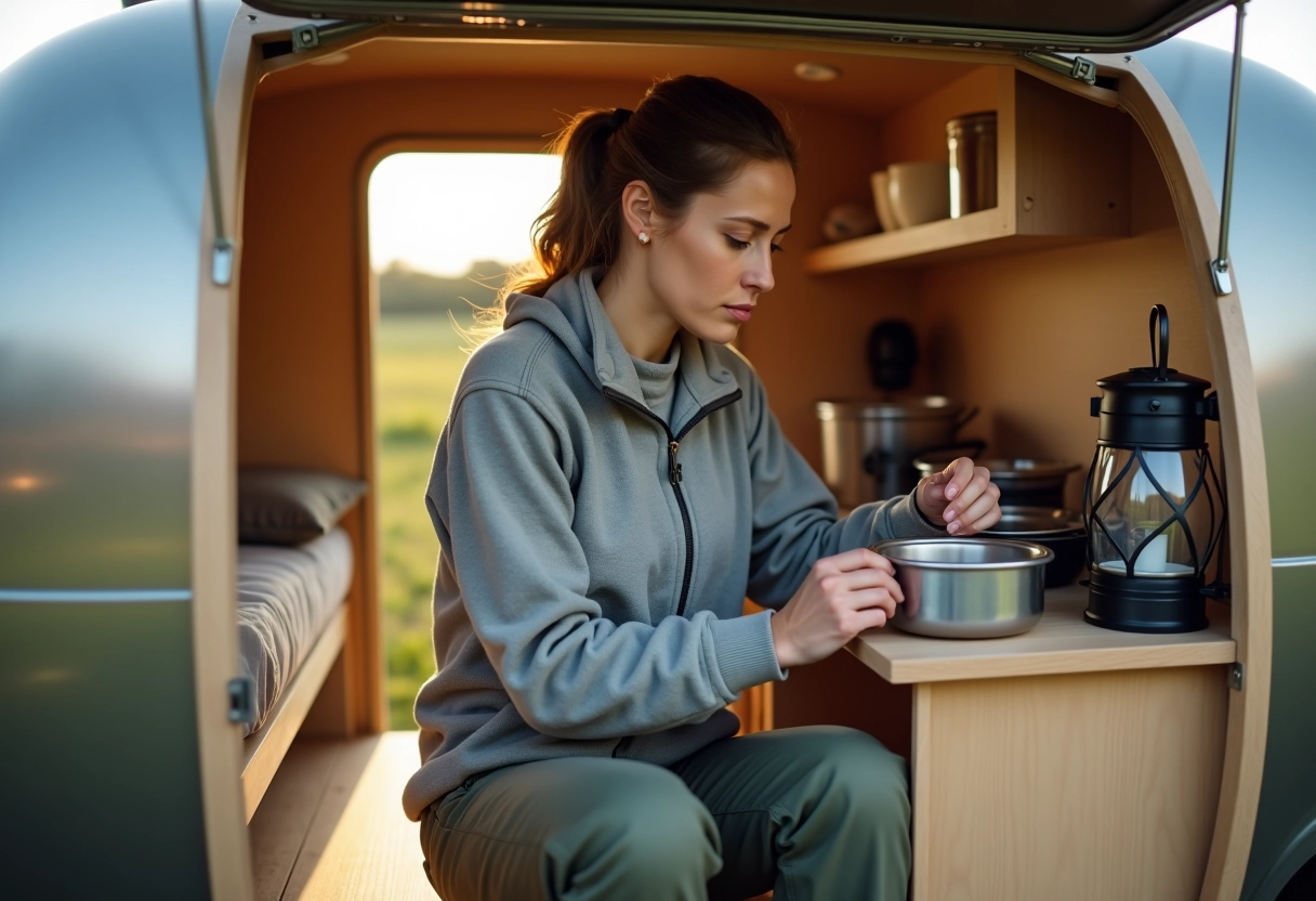 Femme préparant un repas dans un petit trailer écologique