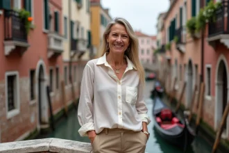 Femme souriante sur un pont de Venise avec canal et bâtiments