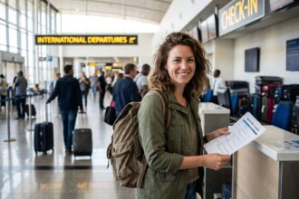 Femme souriante à l'aéroport prête pour son voyage en Afrique du Sud