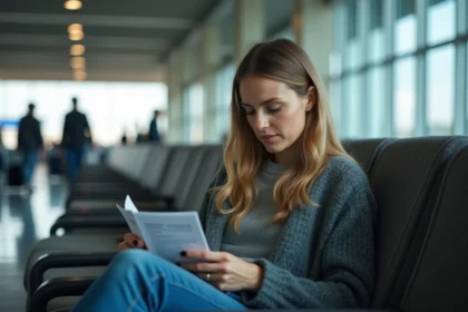 Femme française assise dans un salon d'aéroport contemplant son embarquement