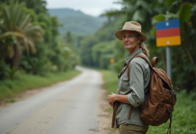 Pays le moins visité au monde : statistiques et classement des destinations moins touristiques Femme voyageant seule près d'un panneau frontière d'une île