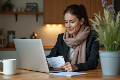 Femme d age moyen avec ticket avion et ordinateur dans une cuisine