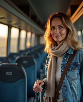 Femme voyageuse debout dans un bus confortable