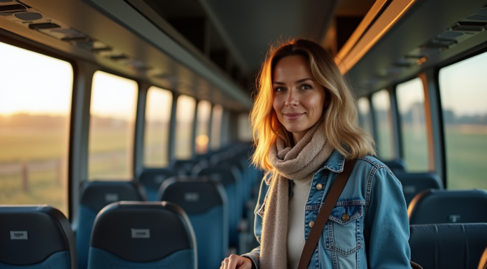 Femme voyageuse debout dans un bus confortable
