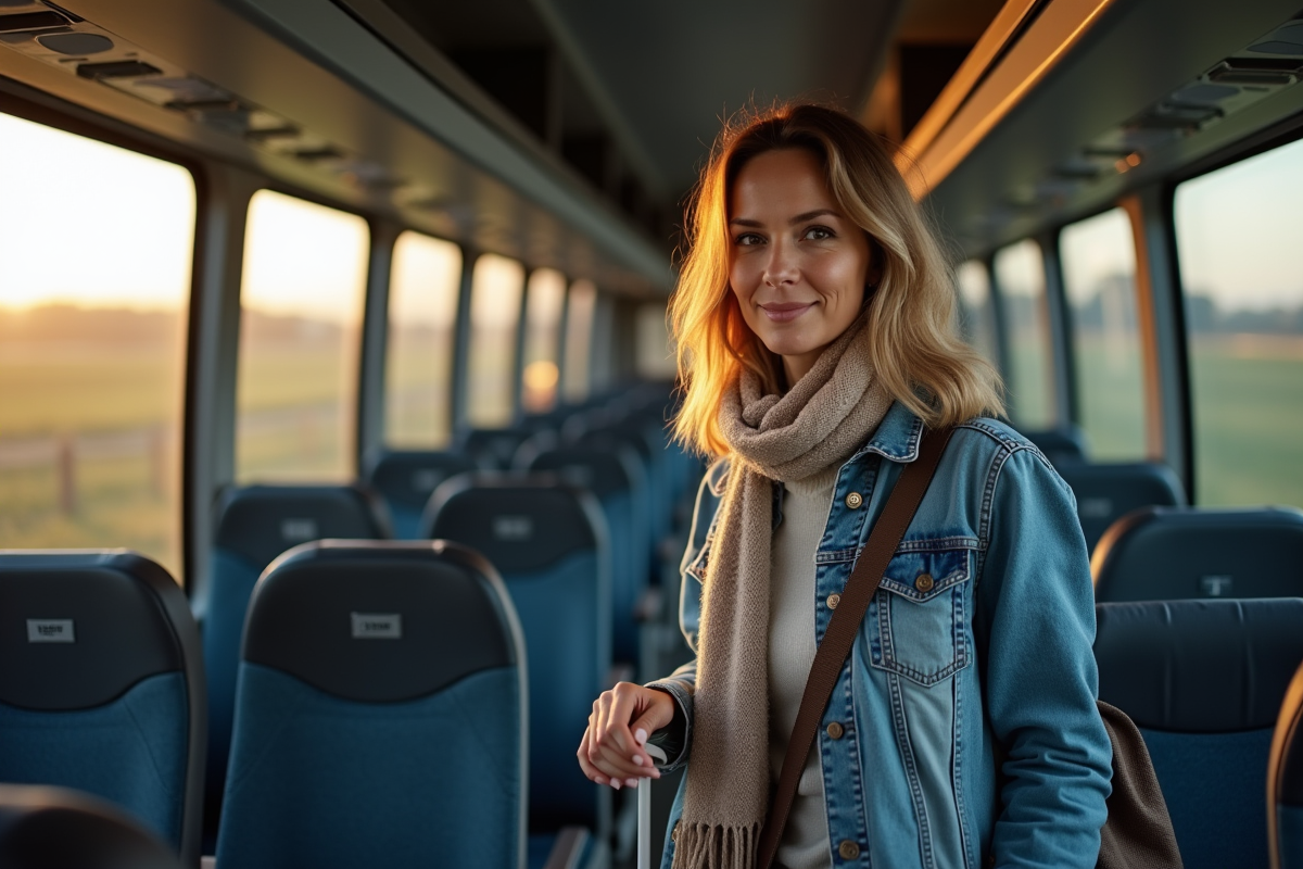 Femme voyageuse debout dans un bus confortable