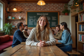 Jeune femme souriante dans un hostel convivial