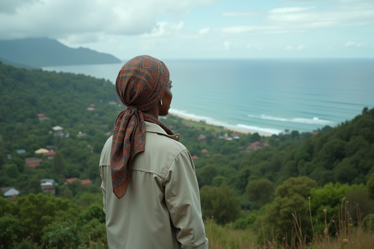 Femme regardant la côte volcanique des Comores