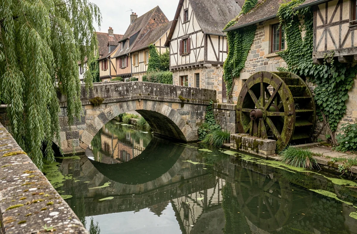Le pont en pierre médiéval et le moulin à eau de Flagy reflétés dans le Lunain, entourés de maisons à colombages et de saules en Seine-et-Marne