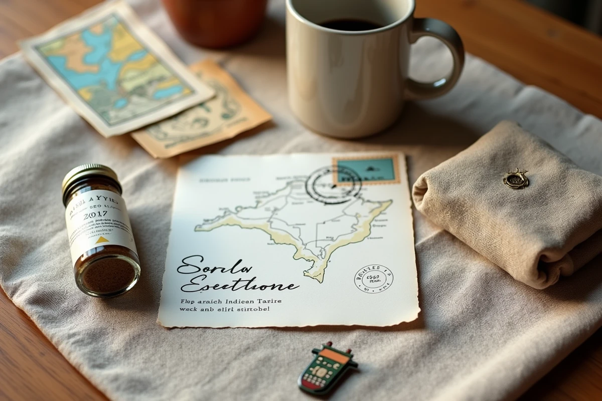 Vue à plat du contenu d'une box voyage avec carte manuscrite, épices locales et carte illustrée sur une nappe en lin