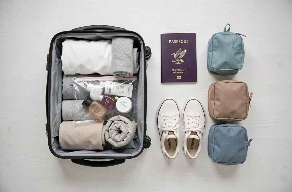 Vue à plat d'une valise cabine ouverte avec accessoires de voyage organisés pour respecter les restrictions de bagage en cabine