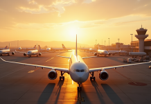 Flotte d'avions modernes au lever du soleil sur le tarmac