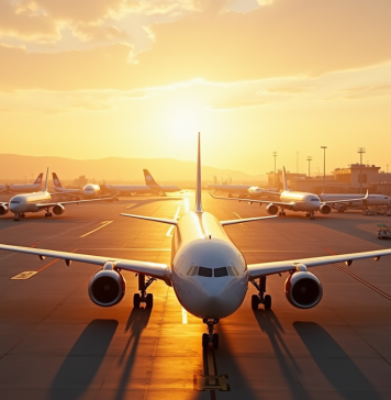 Compagnie avec la plus grande flotte aérienne : les leaders du secteur en 2025 Flotte d'avions modernes au lever du soleil sur le tarmac