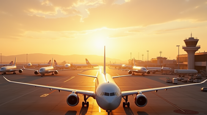 Flotte d'avions modernes au lever du soleil sur le tarmac