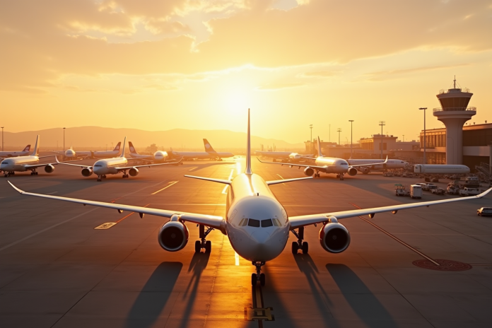 Flotte d'avions modernes au lever du soleil sur le tarmac