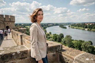 Femme contemplant la confluence de la Sava et du Danube depuis les remparts de la forteresse de Kalemegdan à Belgrade