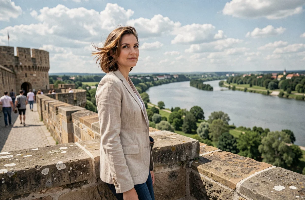 Femme contemplant la confluence de la Sava et du Danube depuis les remparts de la forteresse de Kalemegdan à Belgrade