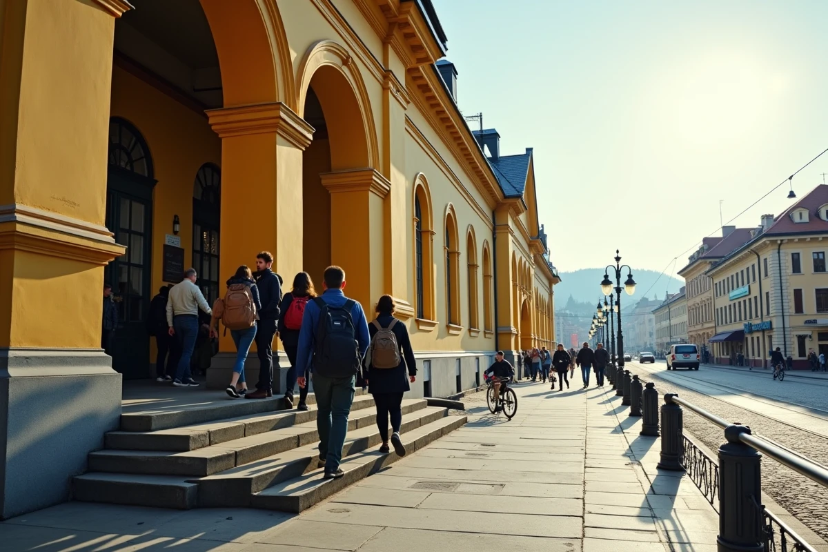Façade de la gare centrale de Ljubljana avec des voyageurs arrivant en train depuis la France