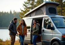 Groupe d'amis installant une tente sur un van en forêt