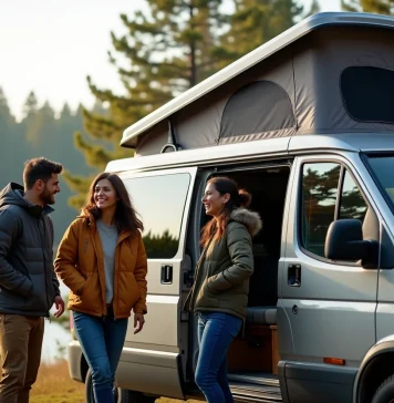 Camper autrement : nouvelles tendances et équipements incontournables Groupe d'amis installant une tente sur un van en forêt