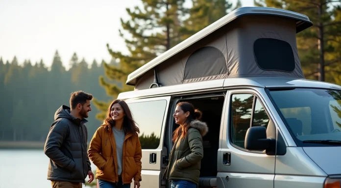 Groupe d'amis installant une tente sur un van en forêt
