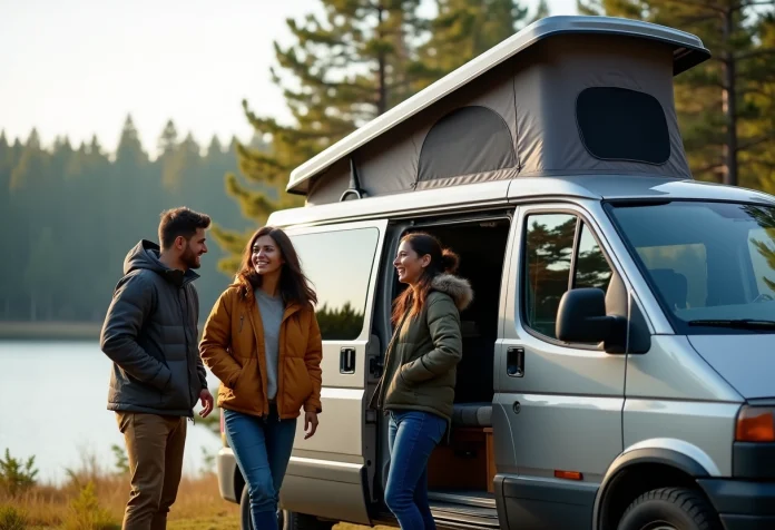Groupe d'amis installant une tente sur un van en forêt