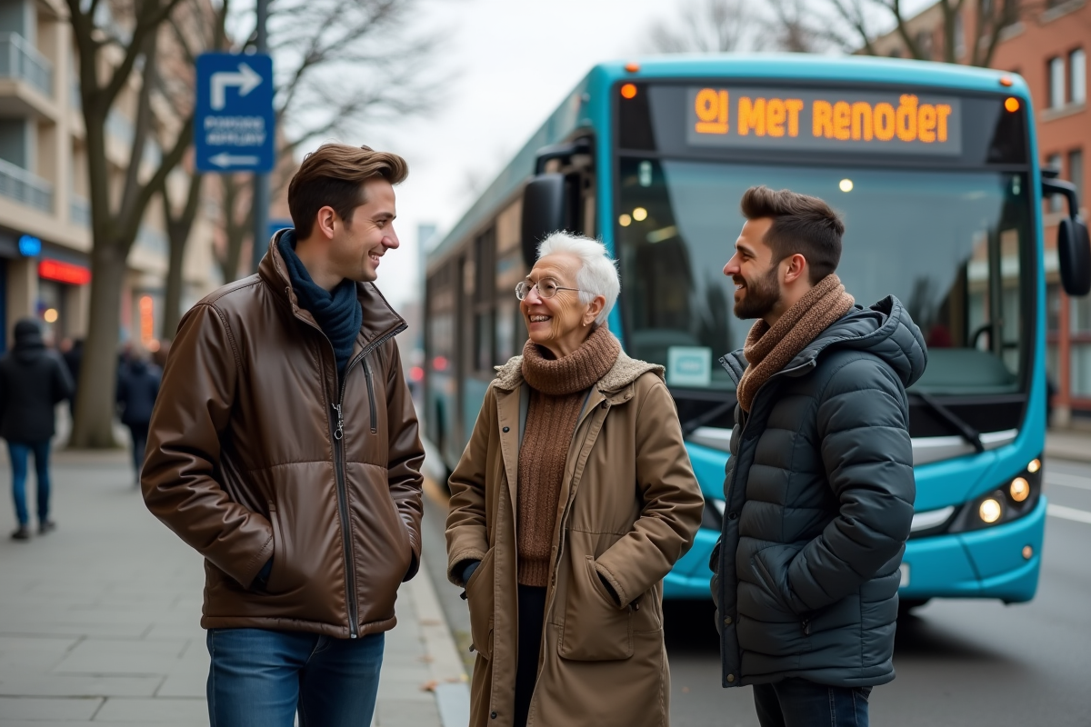 Groupe de jeunes et seniors attendant au terminal bus