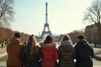 Groupe de touristes admirant la tour Eiffel à Paris