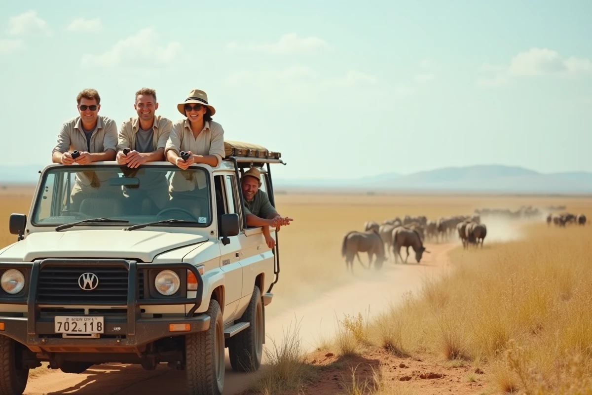 Groupe de touristes en jeep safari découvrant la faune du Parc National du Serengeti lors d'un voyage économique