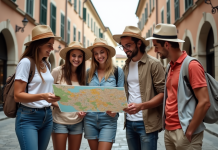 Groupe de touristes souriants examinant une carte en ville