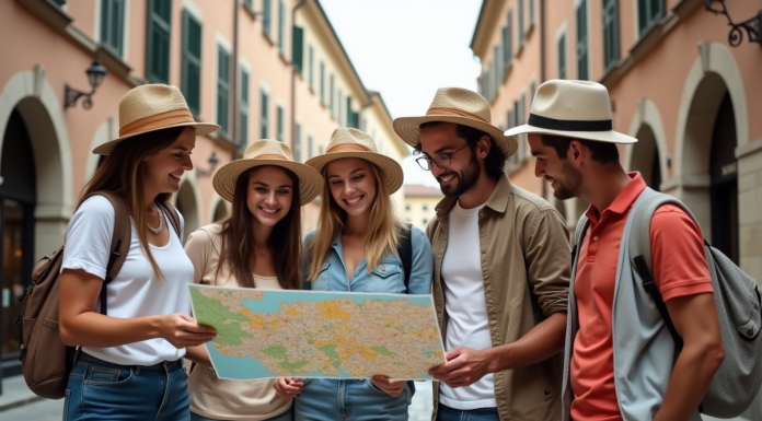 Groupe de touristes souriants examinant une carte en ville